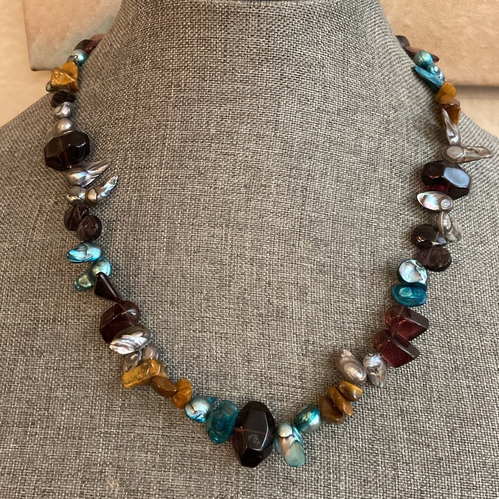 Vintage Artisan Multicolor Gemstones & Blister Pearls Necklace